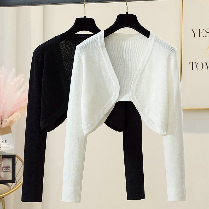 French Knitted Cardigan Women's Spring and Summer Small Waistle Long-Sleeved Skirt with Suspender Outer Blouse Short Shawl Jacket French Knitted Cardigan Women's Spring and Summer Small Waistle Long-Sleeved Skirt with Suspender Outer Blouse Short Shawl Jacket