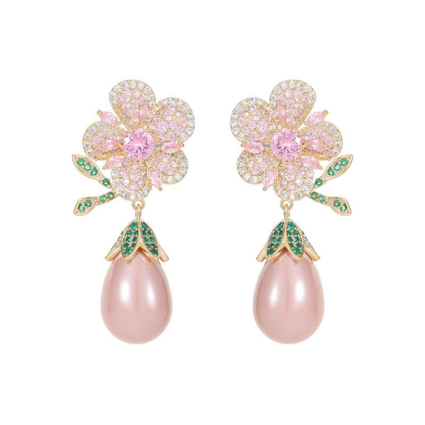 Retro elegant earrings drop-shaped pearl with zircon