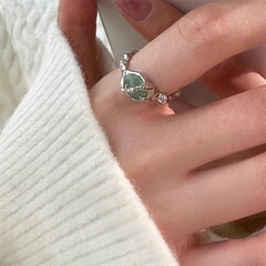 玉石新中式竹節綠東陵玉S925純銀女戒指小眾高級感開口簡約指環新