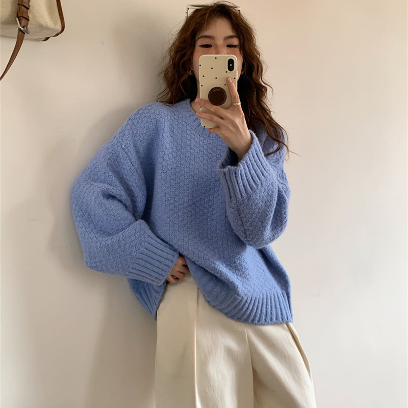 毛衣女秋冬新款菠萝针宽松慵懒风软糯纯色显瘦百搭套头针织衫上衣|undefined