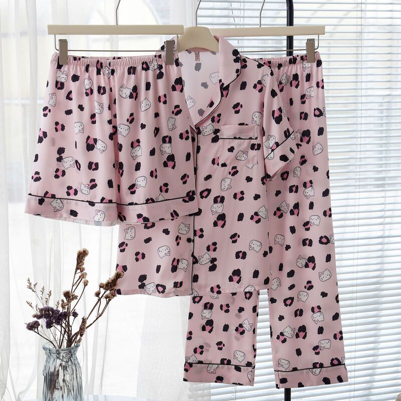 女夏冰丝绸睡衣短袖长裤三件套KT女士夏季印花家居服INS风小红书|undefined