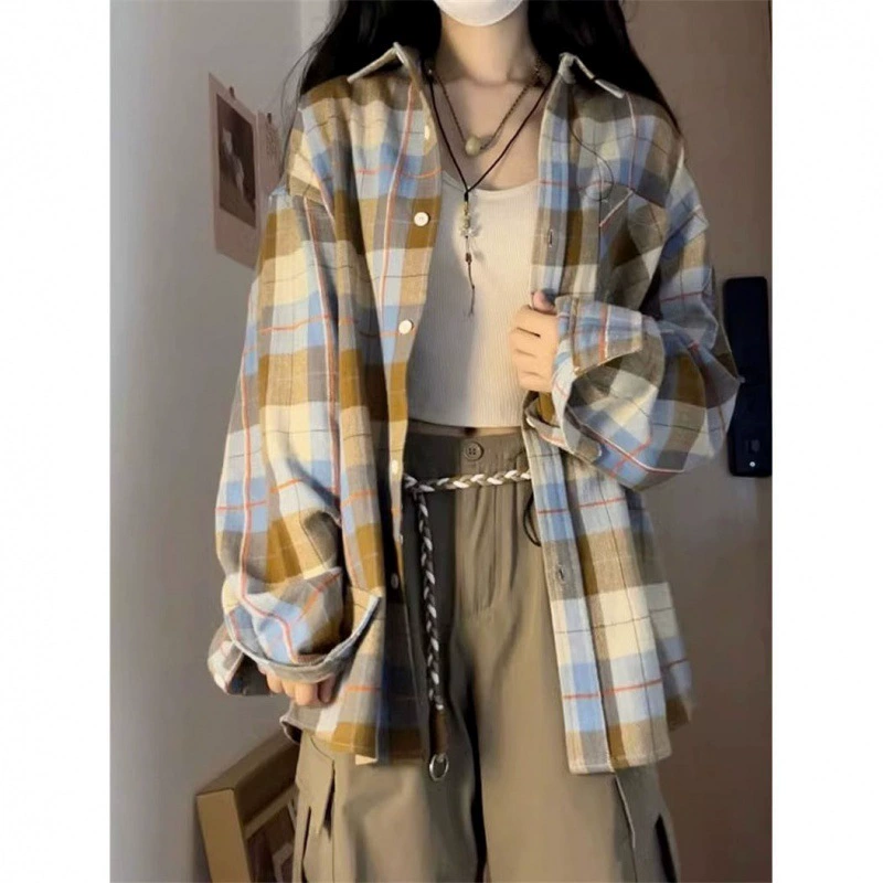 Винтажная клетчатая рубашка контрастного цвета для женщин, лето-осень 2025, новая универсальная свободная верхняя куртка с длинными рукавами в японском стиле, трендовая куртка