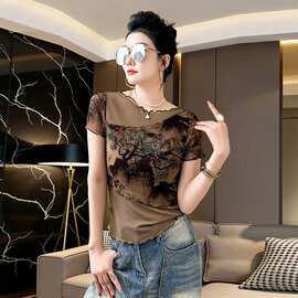 跨境夏新款防晒衣时尚修身拼接网纱印花圆领短袖褶皱T恤女潮代发
