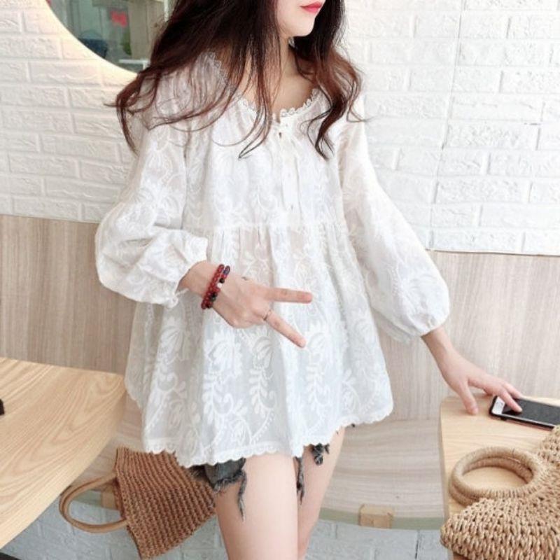 Cotton and linen long-sleeved younger doll shirt women's autumn National style A- line lace embroidered adult shirt Women