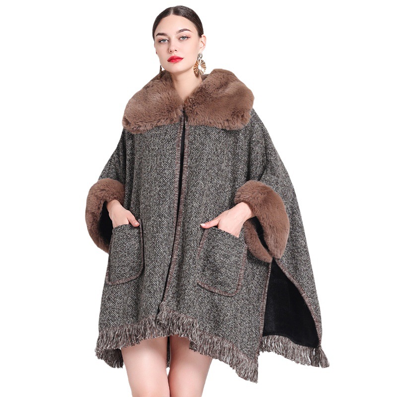 Extra Fleece, extra dicker Umhang mit Pelzkragen, lockerer großer Strickjackenmantel für Damen_voghion.com
