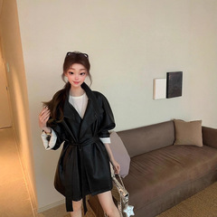 韩女氛围~设计高级感炸街复古黑色PU皮西装皮衣外套女港风