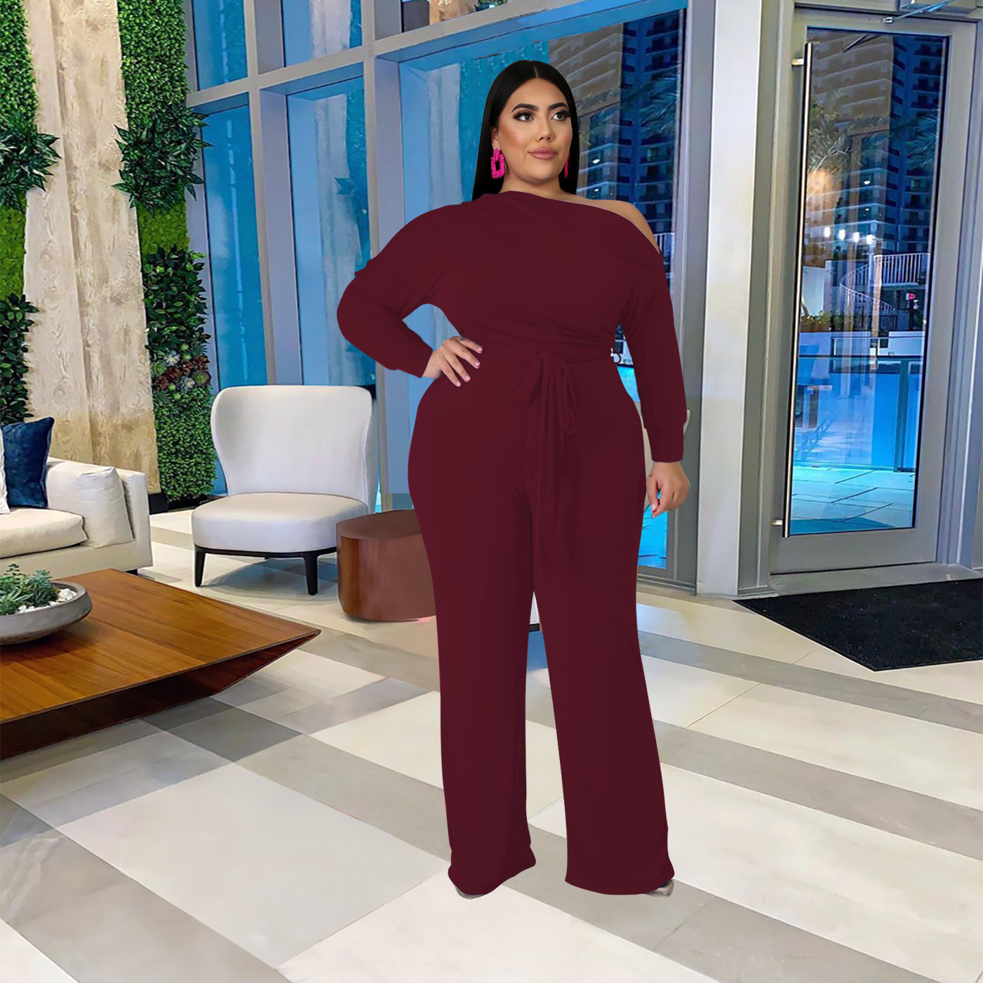 women s plus size solid color strappy shoulder T-shirt flared pants suit nihaostyles clothing wholesale NSBMF80099