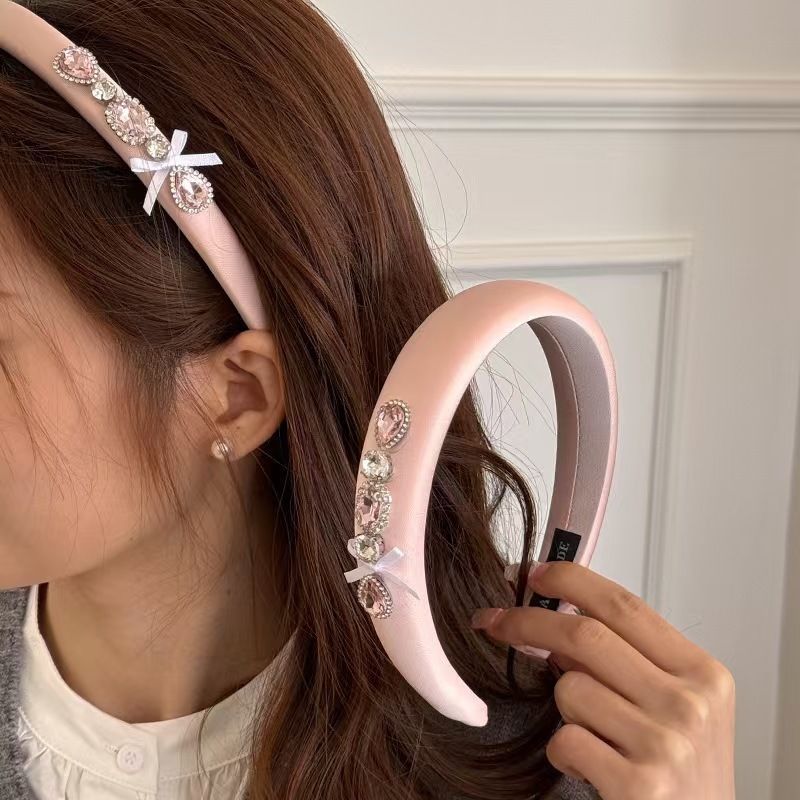 女の子～デザインパールピンクサテンスポンジリボンクリスタルピンクダイヤモンド万能ヘアバンドスタイルクリスタルダイヤモンド装飾|undefined