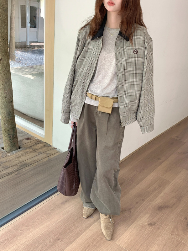 GAGD 美式复古黄格纹廓形宽松短款翻领夹克女 秋季新款外套上衣|undefined