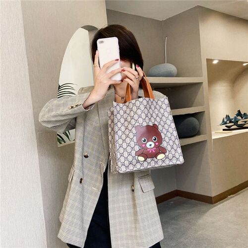 New internet celebrity cartoon open PU square bag handbag fashion mommy bag student lunch bag hand carry out shoulder bag