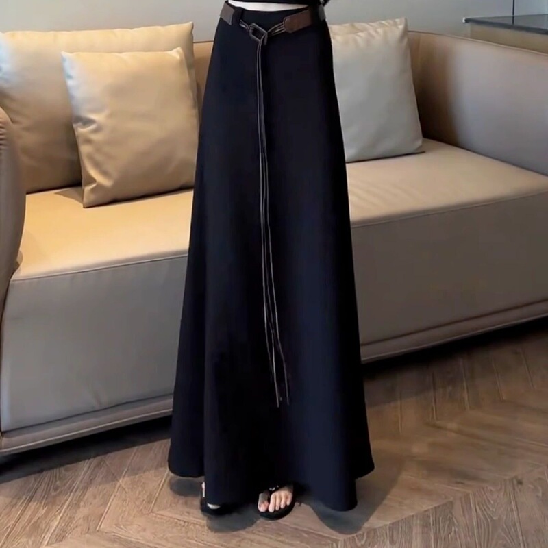 Summer New Style Black High-Waisted A-Line Long Drapey Elastic Thin Slimming Skirt Casual Flared Half-Length Skirt for Women Summer New Style Black High-Waisted A-Line Long Drapey Elastic Thin Slimming Skirt Casual Flared Half-Length Skirt for Women
