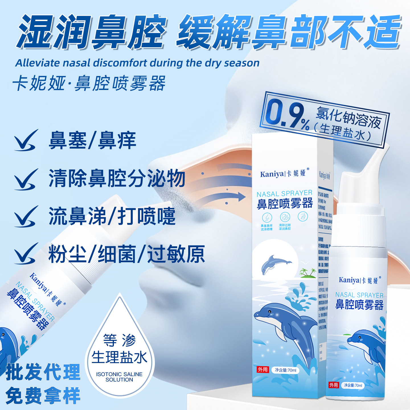 Nasal Spray to Relieve Nasal Itching, Nasal Congestion, Runny Nose, and Sneezing. Isotonic 0.9% Saline Nasal Spray