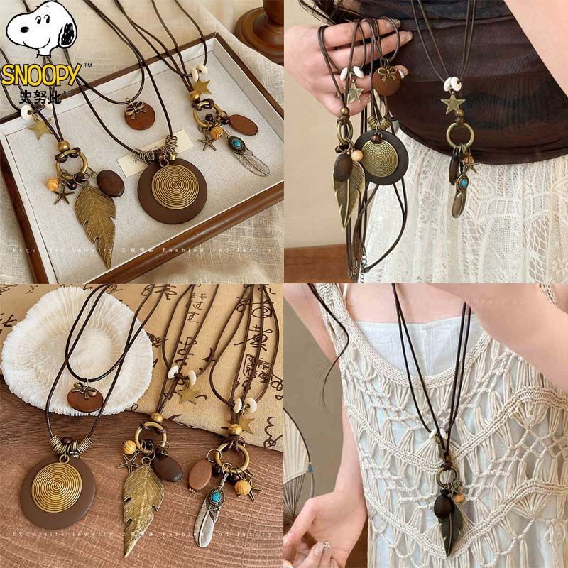 New Chinese Zen Bronze Feather Necklace Women's Bohemian Ethnic Style Retro Sweater Chain Long Halter Accessory