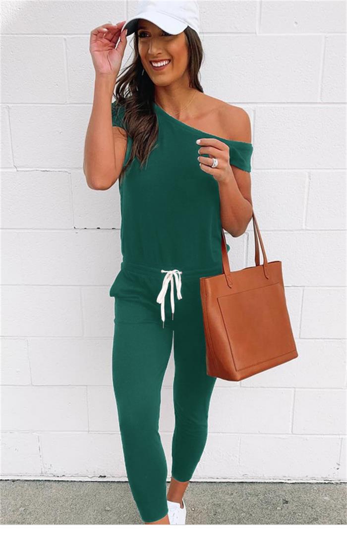 Women's Off-shoulder Jumpsuit With Pockets And Lace-up Details_voghion.com