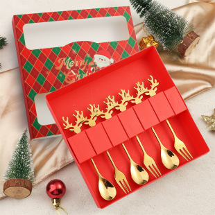 W creative stainless steel spoon tableware suit Christmas elk spoon stirring dessert spoon Christmas style cute spoon Fork