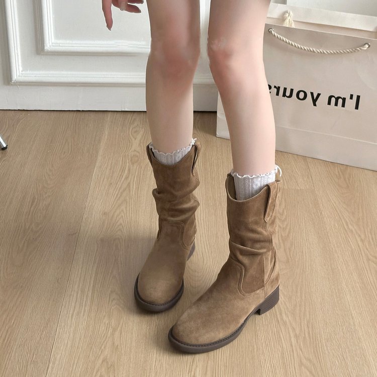 Chunky Mid-Calf Slouch Boots for Women 2025 Autumn New Thick-Soled Height-Increasing Stylish Denim Ankle Boots Martin Boots