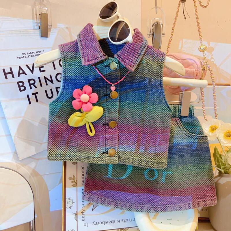 Summer Girls' Gradient Vest 2026 Washed Soft Denim Lapel Sunflower Sleeveless Shirt and Short Skirt Two-Piece Set