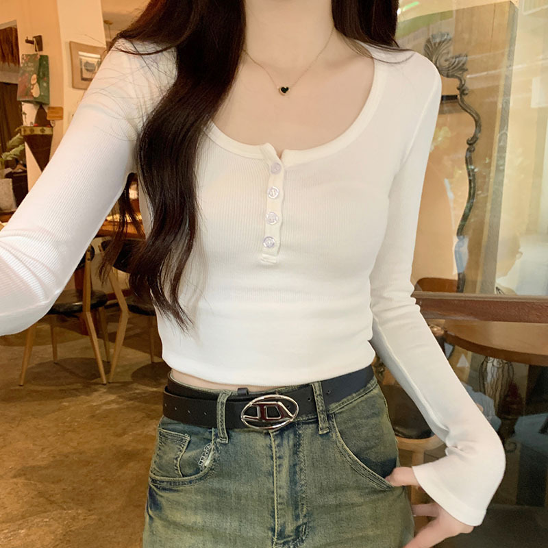 Long-sleeved T-shirt women's U-tie buckle spring and summer ..