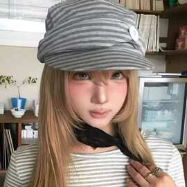 ins韩系复古纽扣褶皱报童帽休闲文艺小众轻亚风条纹贝雷帽子女新