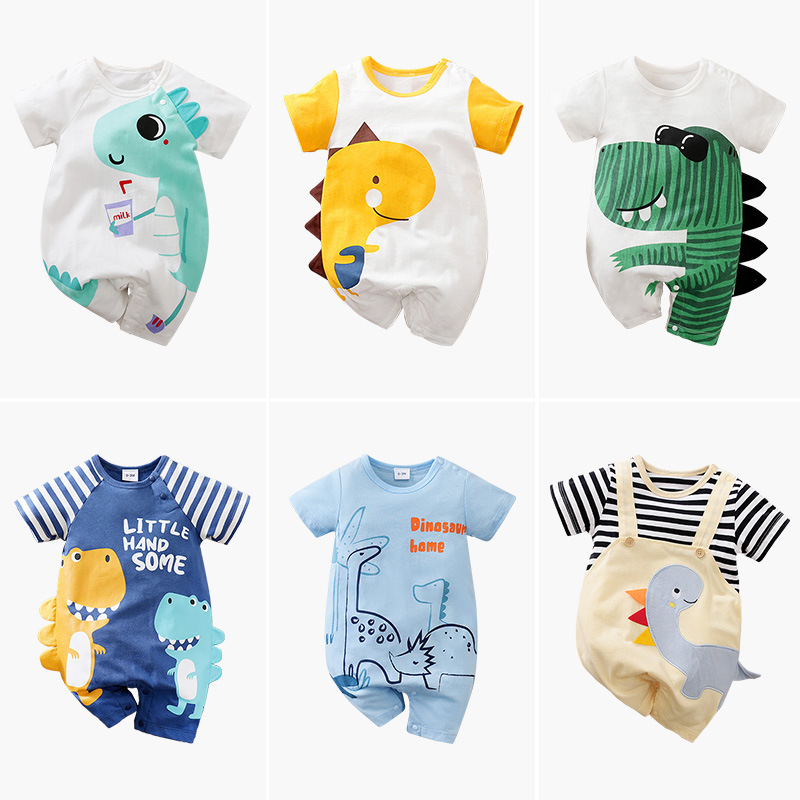 夏季婴儿连体衣爬服 ins风恐龙哈衣短袖卡通新生儿宝宝衣服薄款