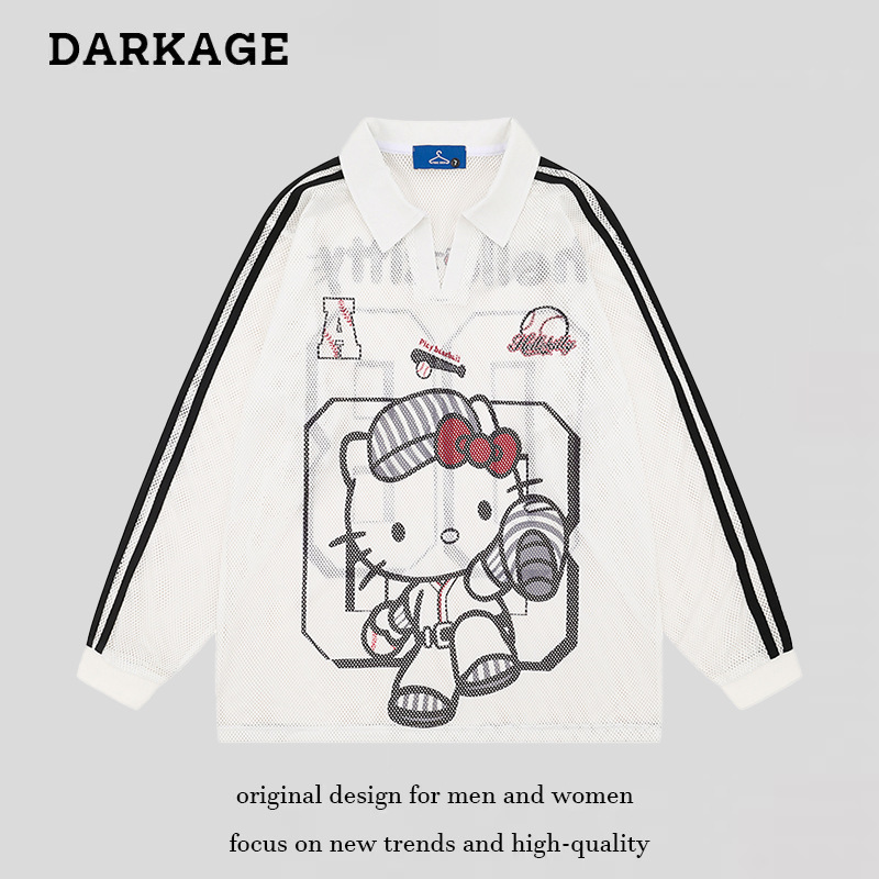 American Hello Kitty Lapel Sun Protection Blouse Long-Sleeved T-Shirt Women's Autum New Loose Mesh Sports Jersey Top American Hello Kitty Lapel Sun Protection Blouse Long-Sleeved T-Shirt Women's Autum New Loose Mesh Sports Jersey Top