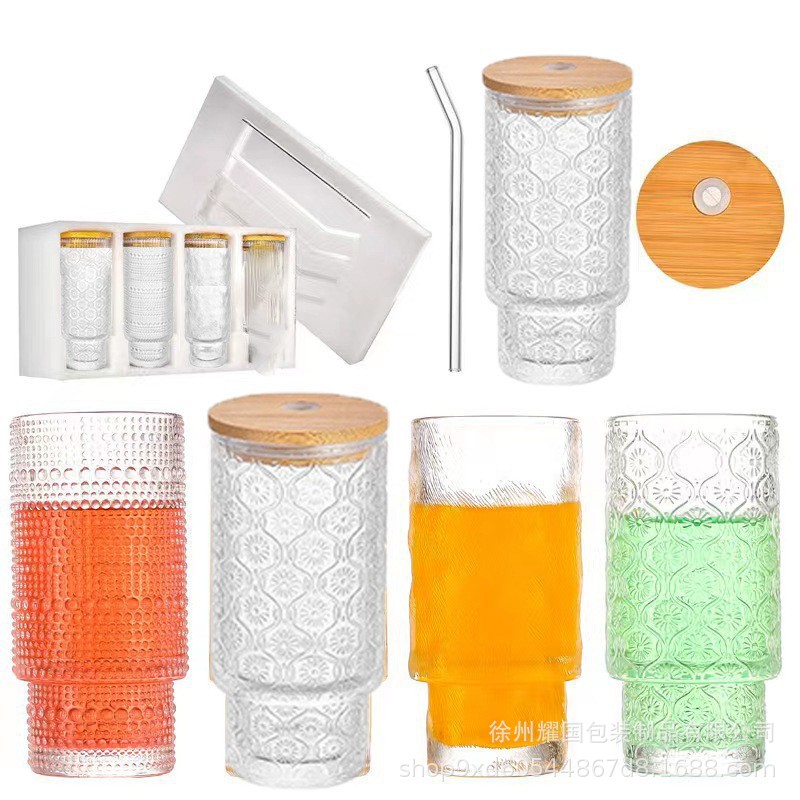 Exportación Amazon 11oz taza apilada de vidrio taza de bambú de patrón vertical transparente taza de sorbete de bebida de gran diámetro taza de jugo