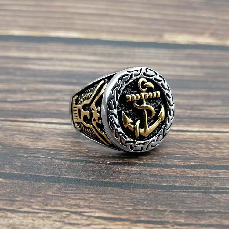 Titanium Steel Material Wholesale Jewelry Hip-Hop Printing Anchor Titanium Steel Plating Rings