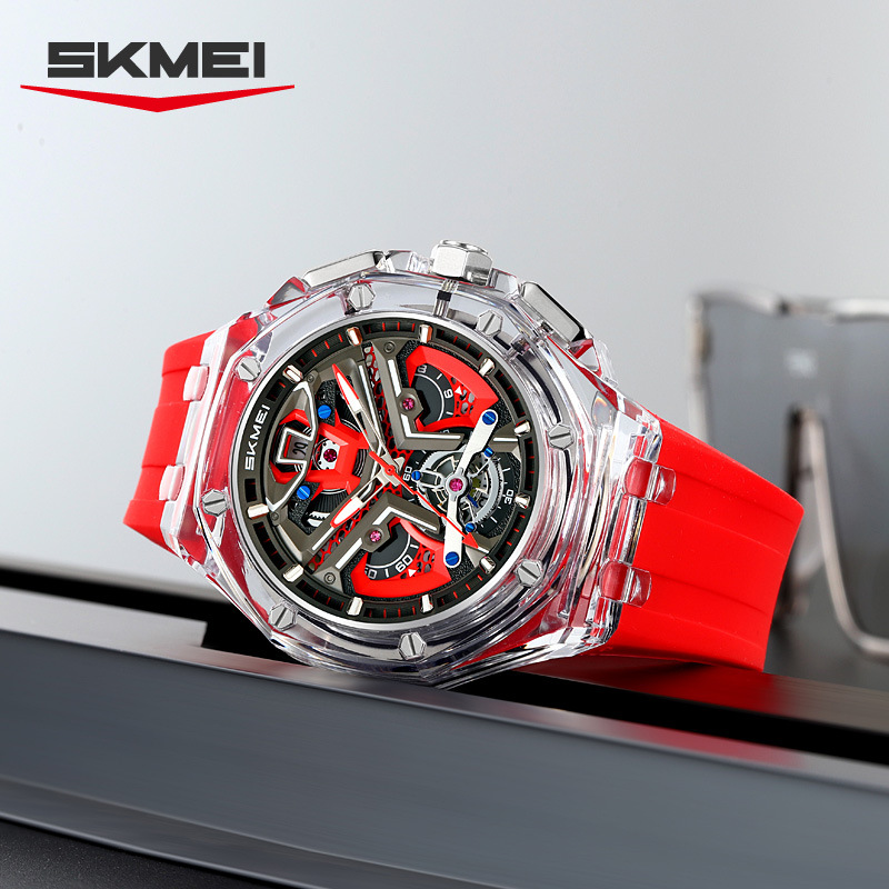 Momentos de belleza conchas transparentes viento mecánico reloj de cuarzo hombre transfronterizo correa de silicona roja cronógrafo multifuncional al por mayor