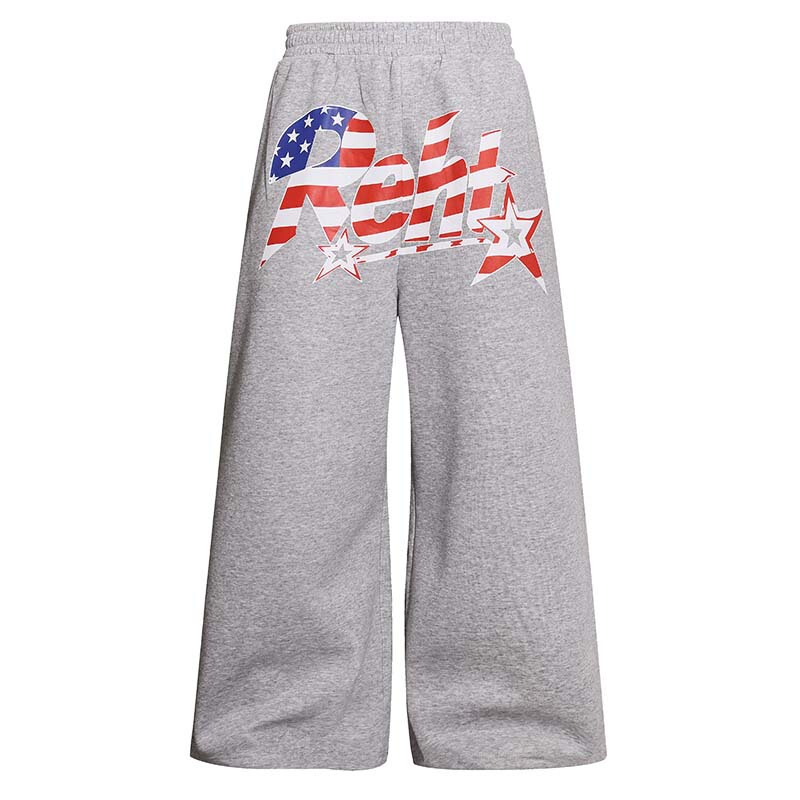 Retro National Flag Letter Print Wide-Leg Drawstring Sweatpants for Men, Trendy Loose Casual Dance Trousers