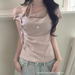 韩系hiphop波点蝴蝶结粉色露肩短袖t恤女夏季休闲气质原宿风上衣