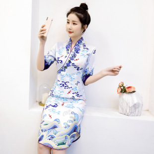 2024 Stewardess Clothing Spring and Summer New Printed Cheongsam Composite Mid-Length Girl Dress Versatile Cheongsam