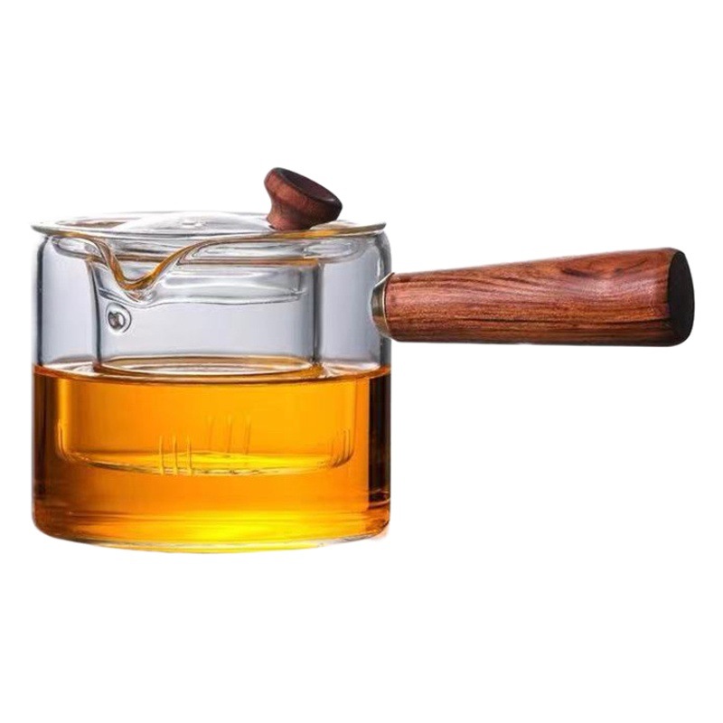 Manija lateral tetera de vidrio calefacción mango de madera fabricante de té tetera hogar resistente al calor Kung Fu juego de té traje