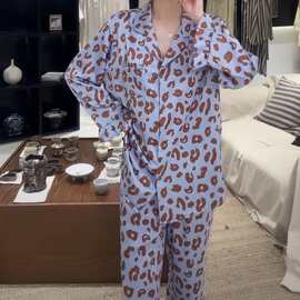 法式时尚豹南韩丝长袖长裤睡衣女秋季新款纯欲风家居服套装
