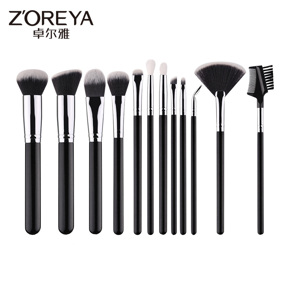Zhuolya transfronteriza negro Mango de madera herramientas de belleza polvo suelto sombra de ojos cepillo de labios traje 12 pinceles de maquillaje conjunto completo venta al por mayor