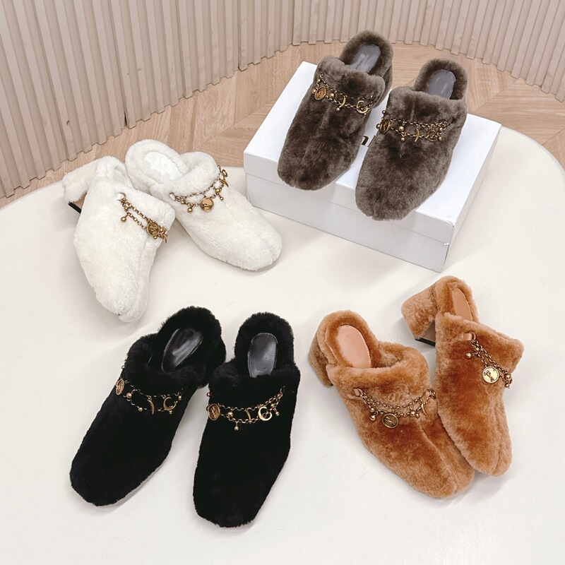 2025 Autumn and Winter New Arc De Triomphe Wool Toe Thick High Heel Half Slippers Women's Fashion Chain Women's Fur Slippers for Outer Wear
