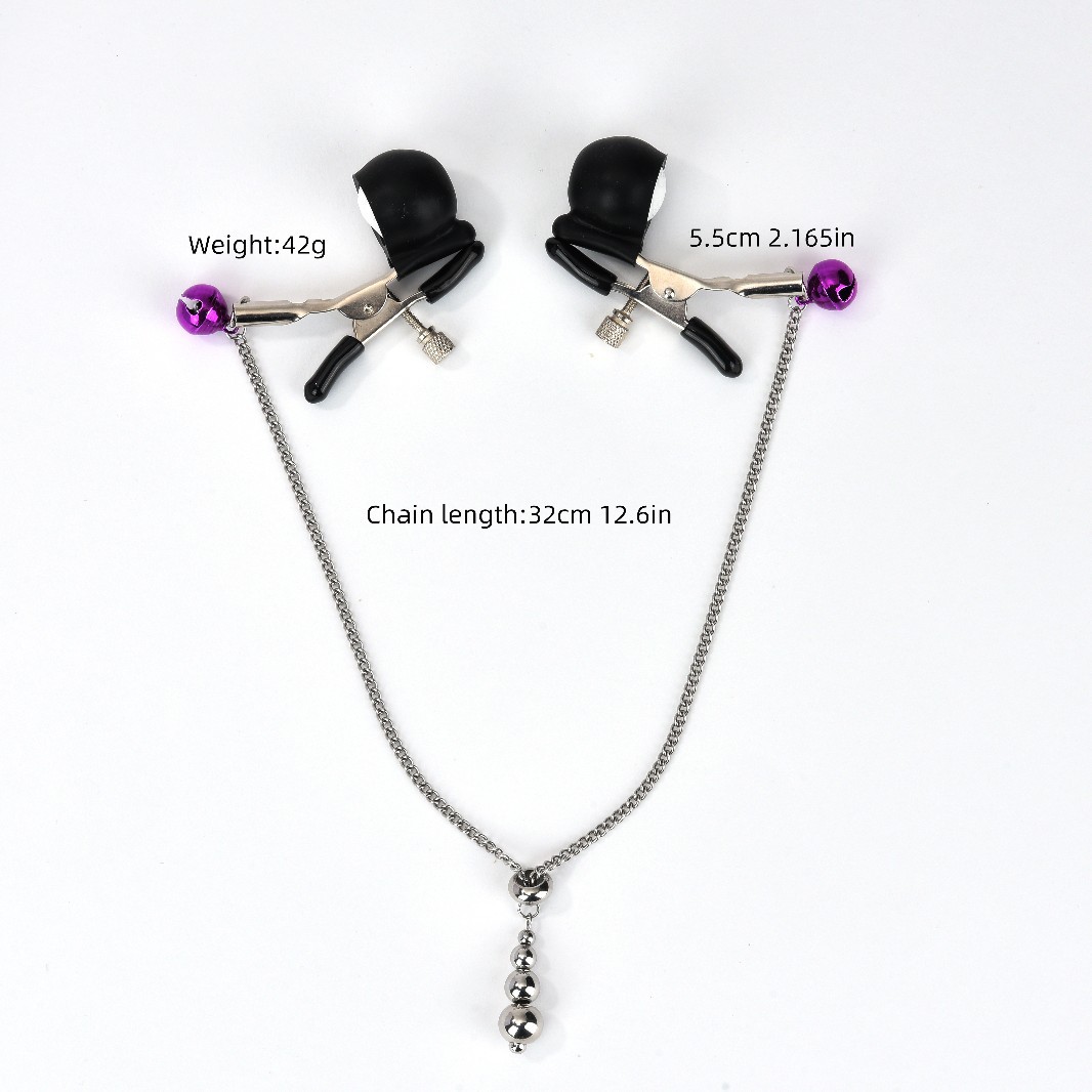 Vibrating Nipple Clamps with Bell Chain, Metal Teasing Pendant Pair — detail image 3