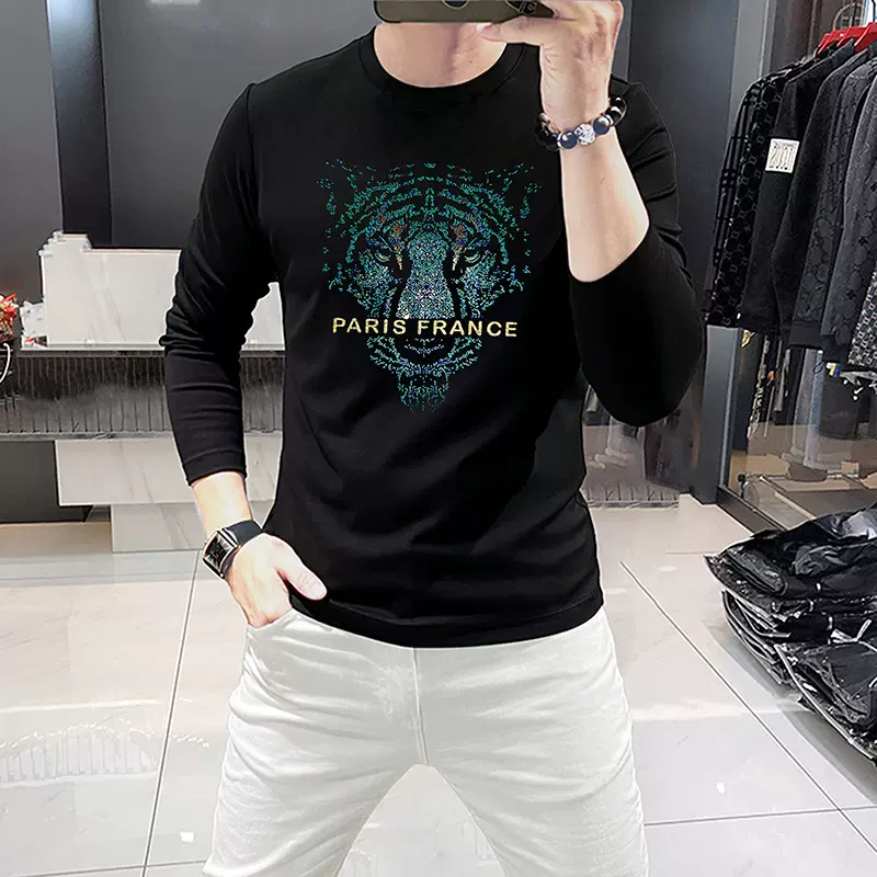 新款男士长袖t恤圆领打底衫春秋季上衣欧货霸气虎头亮修身型男潮