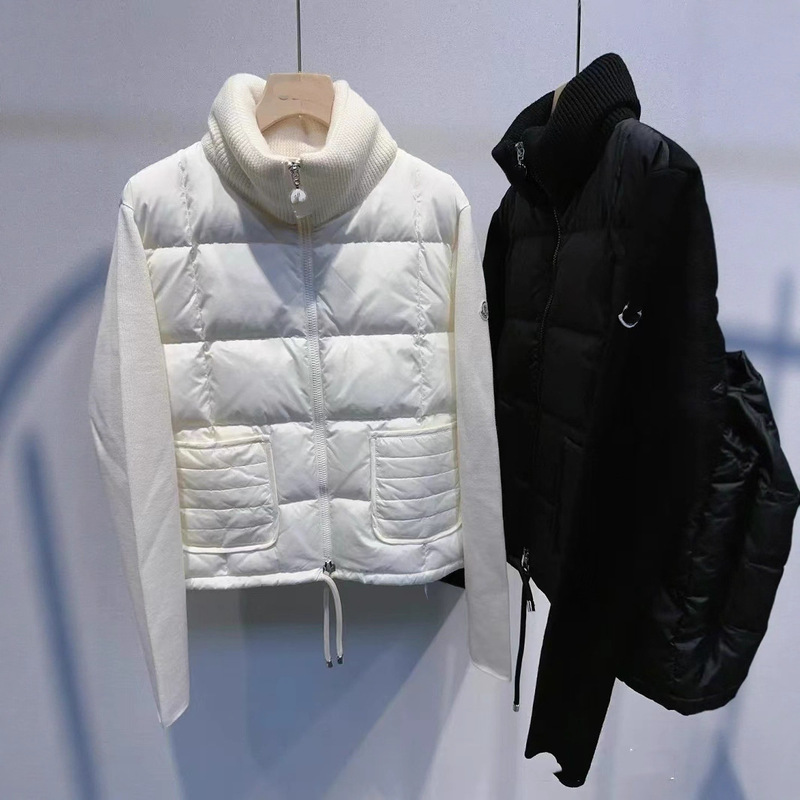 New 90 White Duck down Short Warm Stand Collar Splicing Wool Blend Zipper White Duck down Thickeneded Knitted Jacket for Women