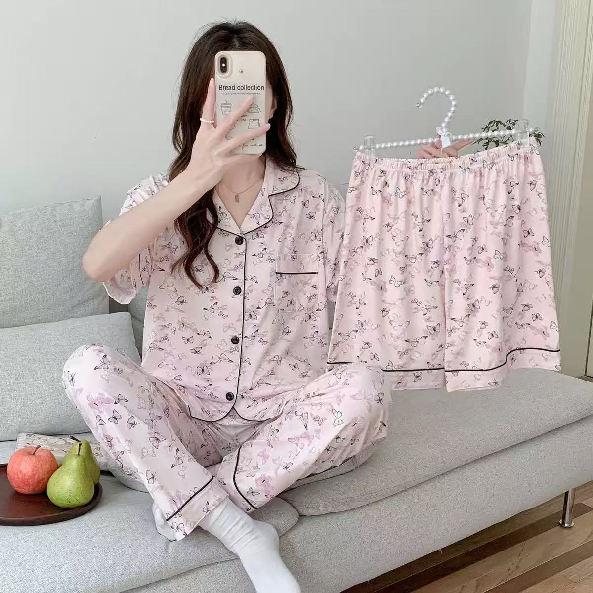 Pijamas de verano de las mujeres delgados pantalones de manga corta cardigan conjunto de tres piezas popular en línea nuevo traje de desgaste de casa de verano image 55