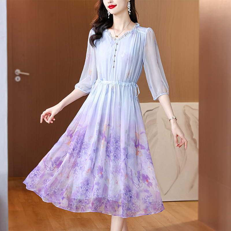 (Mới) Mã B9521 Giá 2100K: Váy Đầm Liền Thân Nữ Shryt Trung Niên Họa Tiết Hoa Thời Trang Nữ Chất Liệu Lụa Tơ Tằm G05 Sản Phẩm Mới, (Miễn Phí Vận Chuyển Toàn Quốc).