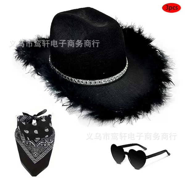 Cross-Border Pink Raw Edge Cowboy Hat Halloween Black Diamond Edge Party Hat Pink Raw Edge Decorative Hat