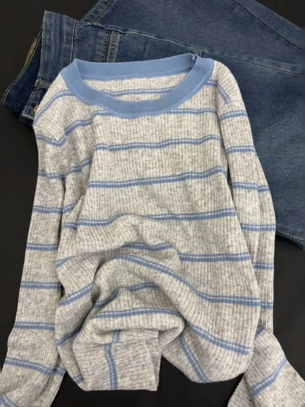 撞色圆领条纹长袖针织衫女秋冬毛衣多巴胺穿搭显瘦设计感小众上衣|undefined