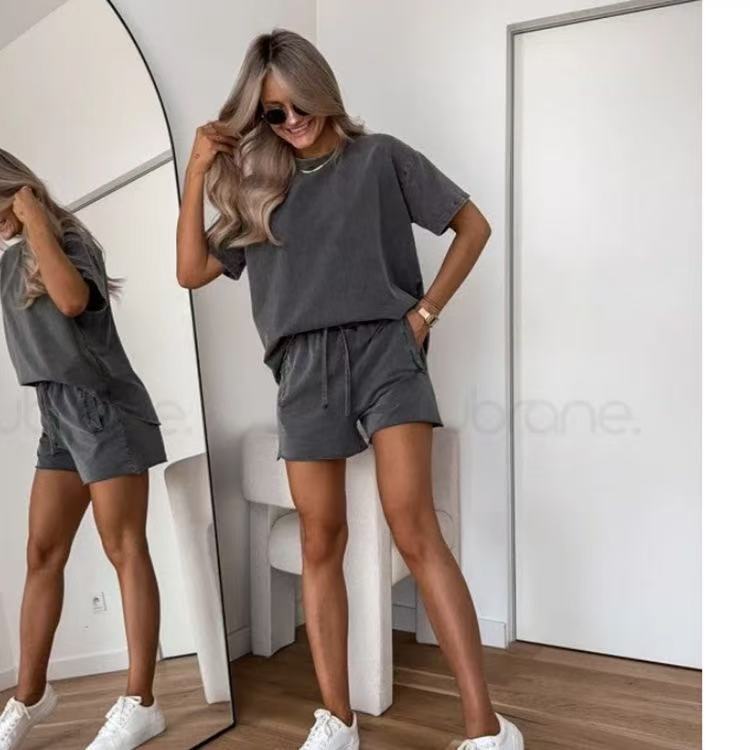 2025 新しいアマゾン独立系ヨーロッパとアメリカのクロスボーダー無地カジュアルショーツスーツ女性用|undefined