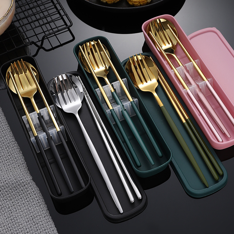 Stainless Steel Spoon Fork Chopsticks Three-piece Set Portable Tableware Student High-value Tableware Storage Box Printable logo Stainless Steel Spoon Fork Chopsticks Three-piece Set Portable Tableware Student High-value Tableware Storage Box Printable logo