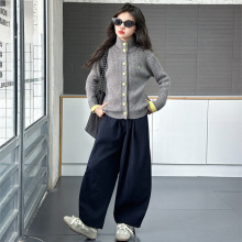 女大童套装秋冬装2025新款韩系儿童针织开衫毛衣外套阔腿卫裤两件