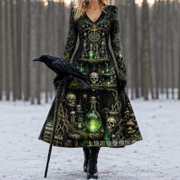 Halloween Gothic Skull Print Dress for Women, V-Neck, Long Sleeve, Fitted Waist, Flared Skirt, Retro Holiday Dress