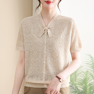 Ice Silk Knitted Shirt Top Mother T-shirt Pink Bow Short Sleeve T-shirt Women's 2025 New Summer Foreign Style Top