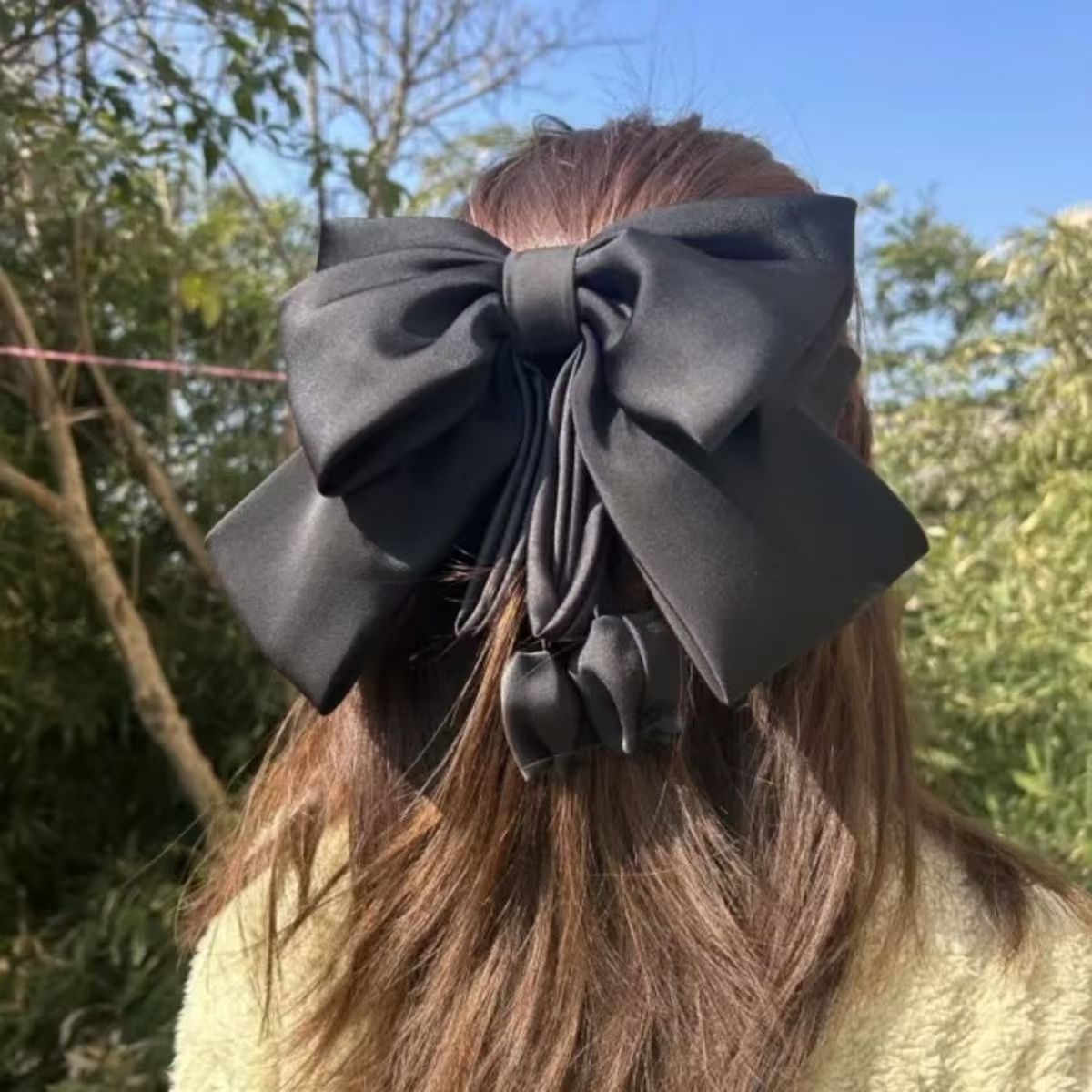 新款黑色飘带高级缎面发夹蝴蝶结弹簧后脑勺气质花苞头饰新款发饰