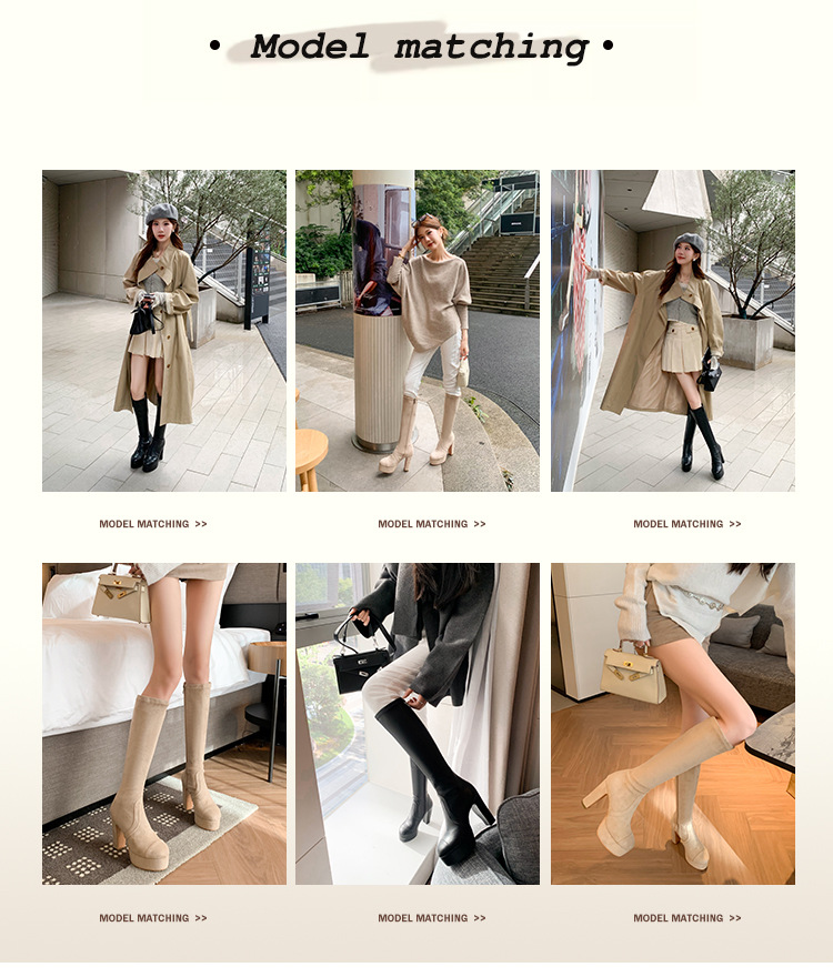 Boot nữ cổ cao ôm bắp chân gót 11cm đế platform mũi tròn — Quả mơ ống nhỏ đơn li, Lớp lót nhung lớn màu đen, Lớp lót nhung ống nhỏ màu mơ, Ống nhỏ màu đen đơn li chi tiết 5