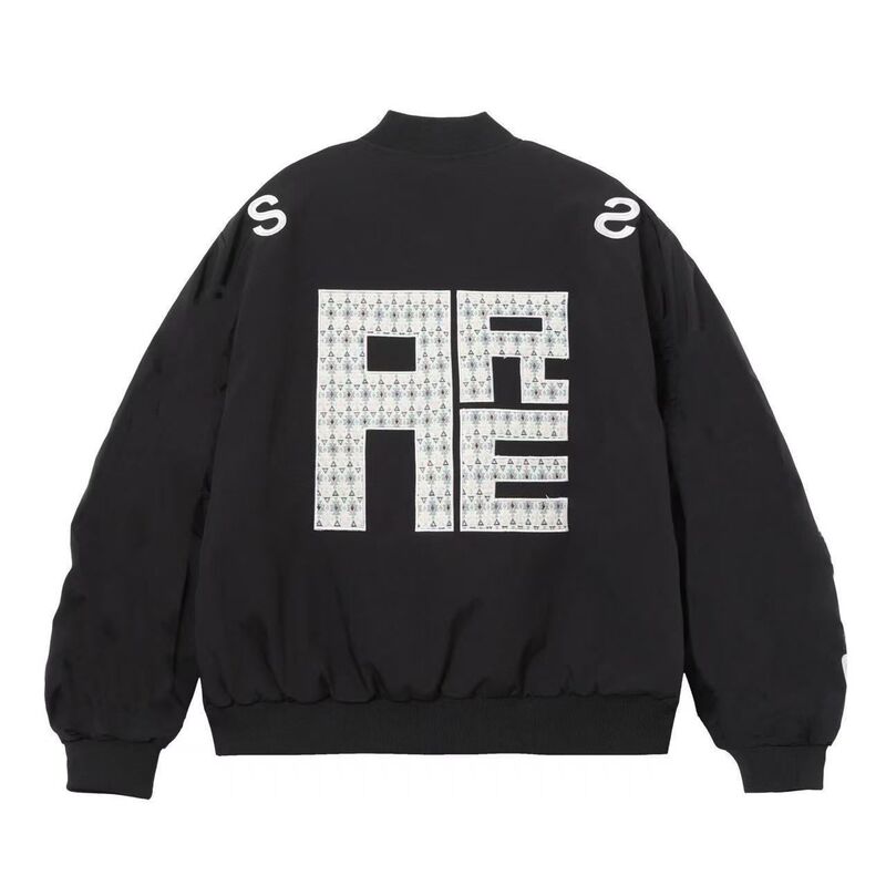 Men's trendy baseball jacket with ethnic-style patch letter embroidery on the back, navy blue, loose-fitting casual bomber jacket Men's trendy baseball jacket with ethnic-style patch letter embroidery on the back, navy blue, loose-fitting casual bomber jacket